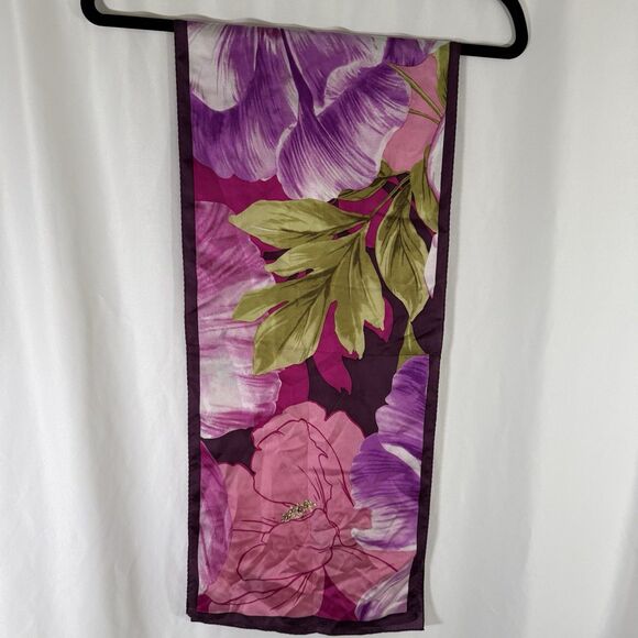Adrienne Landau Studio Floral Scarf Bold Pink Purple Flowers 54"x11" Floral - Picture 7 of 9